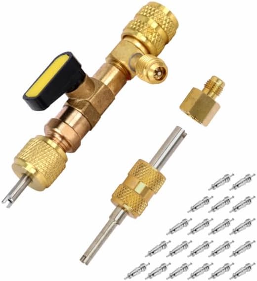 Valve Core Removal Tool,HVAC Tool,Valve Core Remover Tool with Dual Size SAE 1/4 & 5/16 Port, 20 Valve Cores with Teflon Seal, Compatible with HVAC R22 R12 R407 R410 R404 R32 R600 A/C
