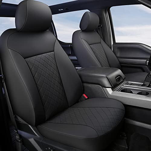 GIANT PANDA Front Car Seat Covers Custom Fit Ford F150 F250 F350 F450 Super CrewCrew Cab Pickup Trucks, Front Seats Fabric Protectors Black 2-Pack, Faux Leather  Stretch Fabric