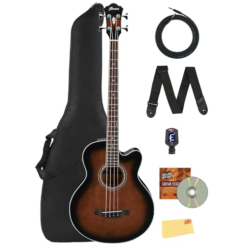 Ibanez AEB10E Acoustic-Electric Bass Guitar - Dark Violin Sunburst Bundle with Gig Bag, Tuner, Strap, Instrument Cable, Austin Bazaar Instructional DVD, and Polishing Cloth