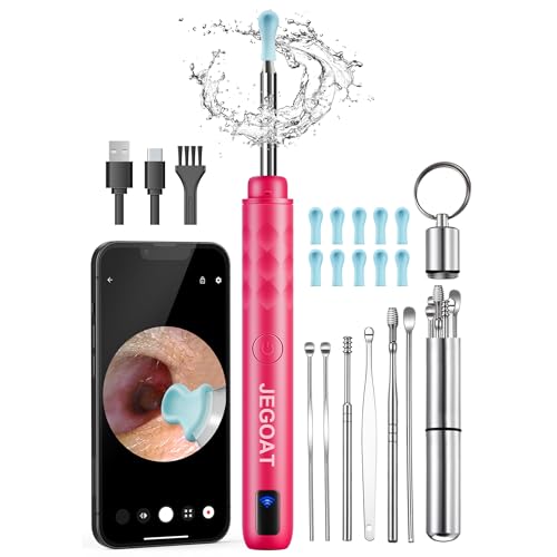 Jegoat Ear Wax Removal, Ear Wax Removal Tool Camera with 1296P HD Camera and 6 LED Lights, Ear Cleaner with 10 Ear Pick, Upgraded Ear Wax Removal Kit for iOS and Android, Pink