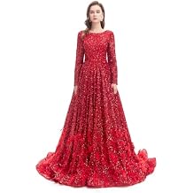 Elegant Long Sleeve Ball Gown Velvet Sequins Evening Dress with Feather Accent Round Neck Floor Length