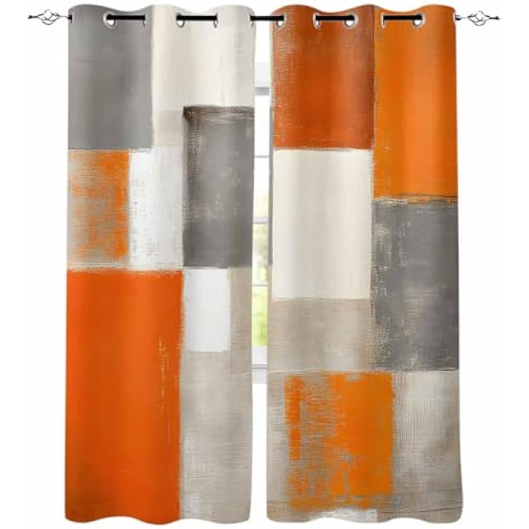 Orange Grey Blackout Curtains 84 Inches Long for Bedroom, Oil Modern Abstract Painting Geometric Thermal Insulated Room Darkening Black Out Window Curtain Panels Grommet Drapes for Living Room