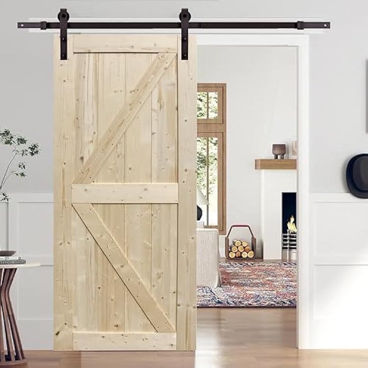 Northbeam 36in x 84in Unfinished Artisan Sliding Barn Door with 6.6FT Sliding Barn Door Hardware Kit - Quality Spruce Wood with Traditional Diagonal Bracing & Premium Black Hardware