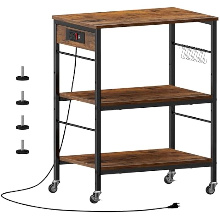 ETELI Bakers Rack with Power Outlet Microwave Stand Cart with Storage Coffee Station Table Cart on Wheels for Kitchen Living Room Bedroom, Rustic Brown