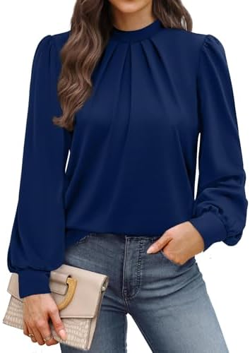 WIHOLL Long Sleeve Shirts for Women Mock Neck Tops Pleated Front Blouses Dressy Casual Spring Fall Clothes 2026 Fashion