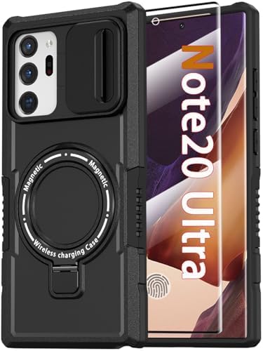 Magnetic Case for Samsung Galaxy Note 20 Ultra with Ring Stand [with Screen Protector] [Compatible with MagSafe Wireless Charging] Military Grade Shockproof Case with Slide Camera Cover, Black