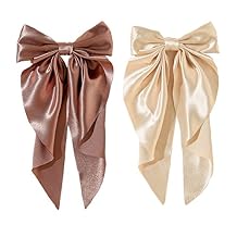2Pcs Super Big Bow Hair Clips French Style Soild Color Knotted Bowknot Spring Snap Barrettes Hair Clips with Long Ribbon for Women Girls (Champagne+Brown)