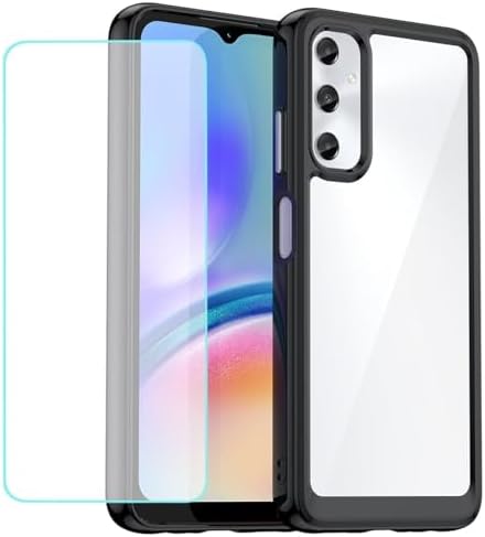 Case for Galaxy A05S Case, Samsung A05S SM-A057F Case with Tempered Glass Screen Protector, Clear Hard PC Back & Soft TPU Bumper Protective Phone Cover for Samsung Galaxy A05S Crystal Black