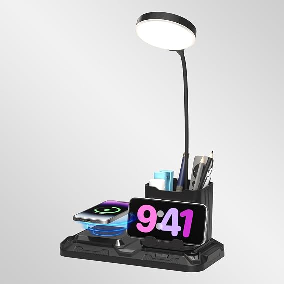 KDD 4 in 1 Desk Lamp with Wireless Charger - 360 Rotating Gooseneck Small Table Lamp with Pen Holder & Phone Stand, Adjustable White and Warm Light Dual Mode LED Desk Light for College Dorm Room