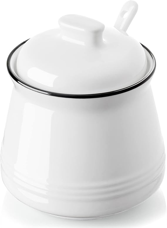 DAYYET Sugar Bowl with Lid and Spoon, 12 oz Ceramic Sugar Bowl with Spoon, Sugar Container for Coffee Bar, Sugar Jar Sugar Dispenser Bowl, Modern Kitchen Decor, White
