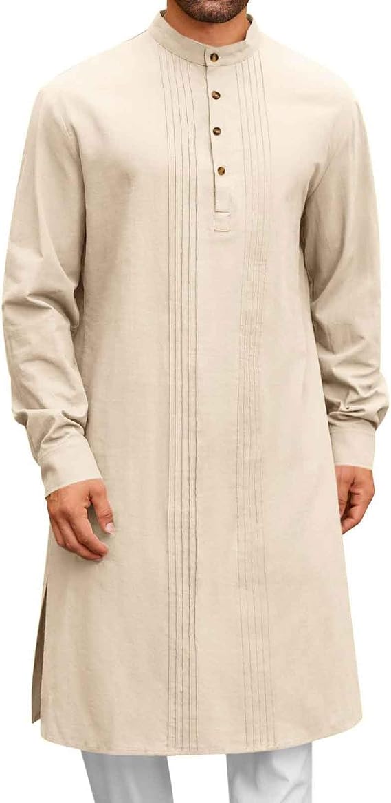 Men's Long Sleeve Stand Collar Kaftan Thobe Button Down Henley Robe Casual Side Slit Front Pleated Gown Shirt Tops