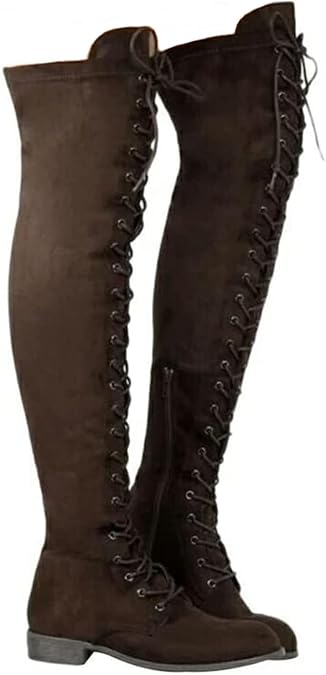 SACFOF Women's Over The Knee Low Heel Lace Up Tall Boots Thigh High Combat Casual Faux Suede Thigh High Riding Boots
