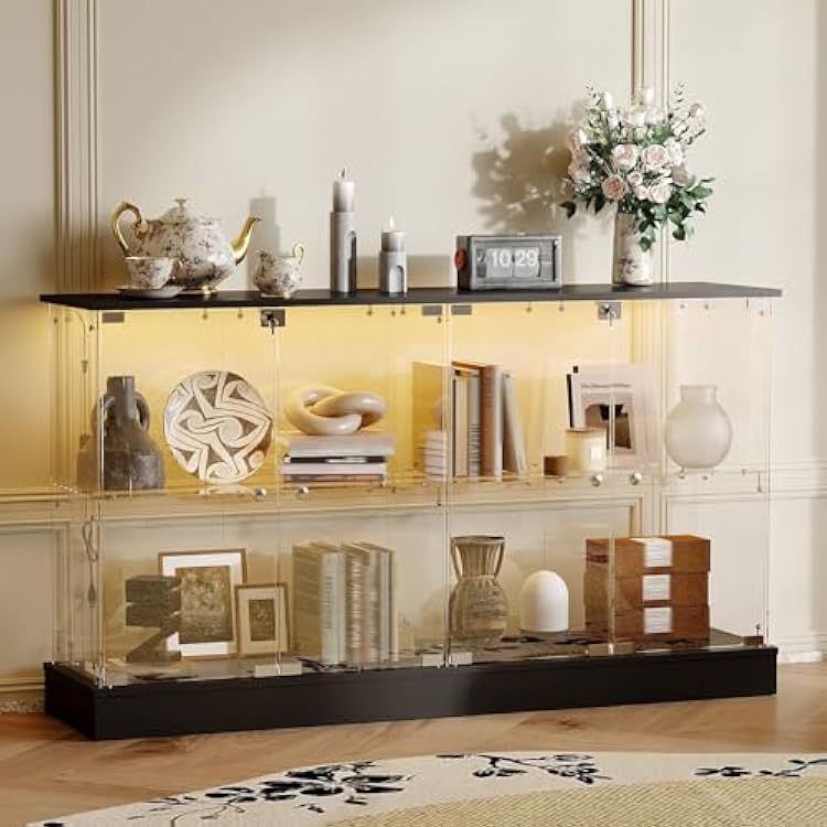 Lovinouse Short Glass Display Case Cabinet with Adjustable LED Light, Black Curio Display Cabinet with Tempered Glass Doors and Shelves, Modern Sideboard Buffet Cabinets with Strorage for Living Room
