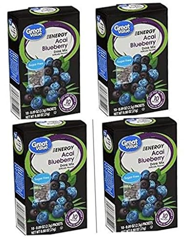 Great Value Energy Acai Blueberry Sugar-Free Drink Mix 10 per box (4 boxes)