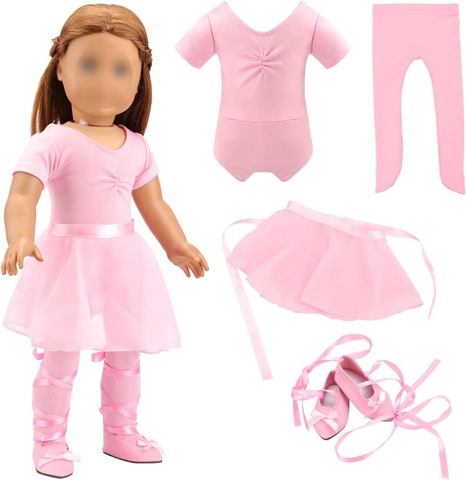 BARWA 18 Inch Doll Clothes Ballet Ballerina Outfits Dance Dress Custume Compatible with 18 Inch Dolls - 4 PCS Leotard with Tutu Skirt, Tights and Ballet Shoes