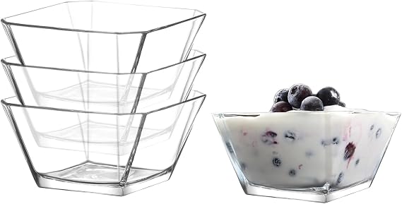 LAV Glass Snack Bowls Set of 4 10 oz Small Clear Bowl for Desserts, Soup, Dip, Fruit, Ice Cream, Appetizers Stackable, Dishwasher Safe, Kitchen, Restaurant Serving, Hexagon, Diamond Shaped