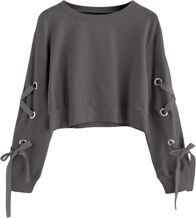 SweatyRocks Women's Casual Lace Up Long Sleeve Pullover Crop Top Sweatshirt
