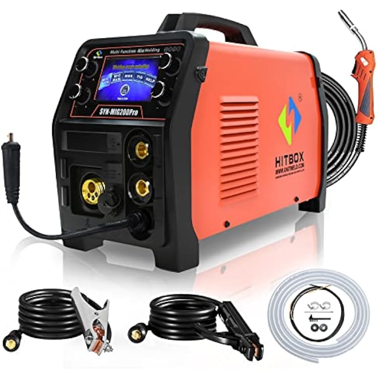 HITBOX 5 in 1 Aluminum MIG Welder - 200Amp 220V Smart Control Program MIG Welding Machine Solid Flux Core Wire Gas Gasless MIG MAG Lift TIG MMA Stick Welder, LCD Display