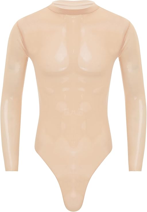Mens Sexy Mesh Sheer See Through Long Sleeve High Cut One-piece Bodysuit Leotard Lingerie