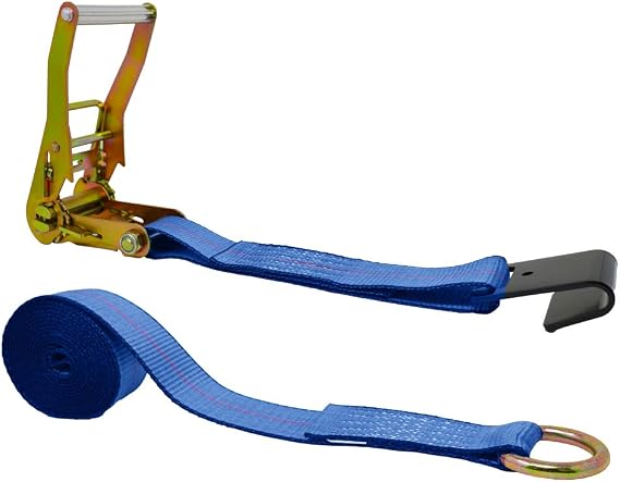 CustomTieDowns 2 Inch x 10 Foot Ratchet Strap, Flat Hook On The Fixed End, Wire O-Ring On End of Adjustable Strap. (Blue)