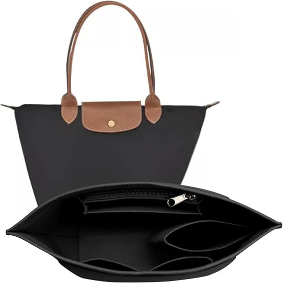 Bag Organiser for Longchamp, Black Felt Handbag Insert Organizer with Zipper, Multi-Pocket, 7 Compartments, Elegant Classic Style