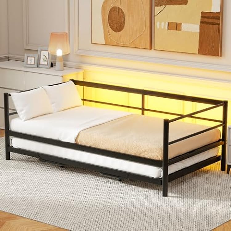 Twin Size Metal Daybed with Adjustable Pop-Up Trundle, LED Lights & USB Ports | Heavy Duty Steel Sofa Bed Frame for Guest Room, Kids Bedroom | No Box Spring Needed, Easy Assembly Black