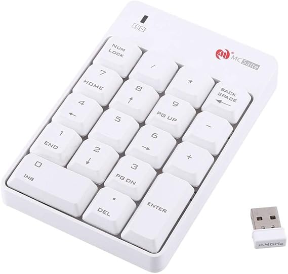 USB Numeric Keypad, 2.4GHz Wireless Number Pad Numpad 18 Keys 10m Remote Distance Financial Accounting Numeric Keypad Silent Notebook Scissor Key Number Keypad for Laptop, White