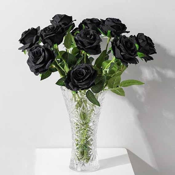 Corkwaw 8 Pcs Artificial Silk Flowers Realistic Roses Long stem Fake Roses in Bulk for Table Centerpieces Arrangement and Bridal Wedding Festival Decor Flower Arrangement (Black)