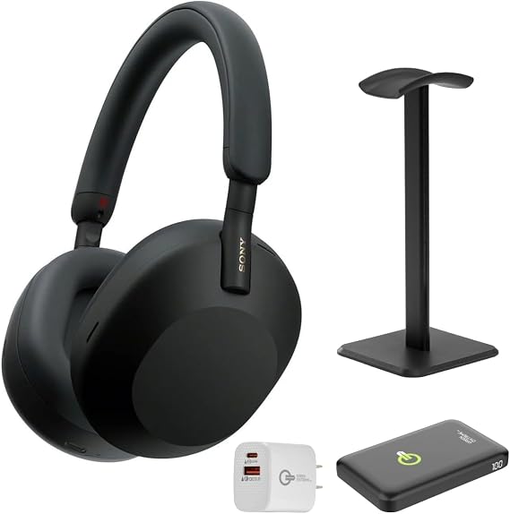 Sony WH-1000XM5 The Best Wireless Noise Canceling Headphones with Auto Noise Canceling Optimizer, Crystal Clear Hands-Free Calling, and Alexa Voice Control, with Stand, P-Bank & Wall Plug (Black)