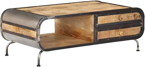 Coffee Table 100 x 50 x 35 cm Solid Mango Wood, Polished & Varnished, with 2 Drawers and 1 Shelf, Robust Brown Pottery Barn Coffee Table in Industrial Style for Living Room