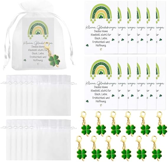 Passed exam gifts 12 pieces key rings lucky charm key ring set with clover leaf greeting card organza bag lucky clover pendant for farewell gift