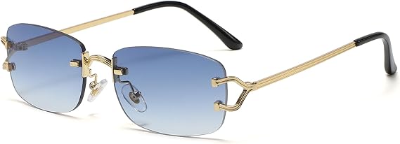 Rimless Sunglasses for Men Women Trendy Small Narrow Rectangle Metal Frame Sun Glasses Shades 90s Eyewear