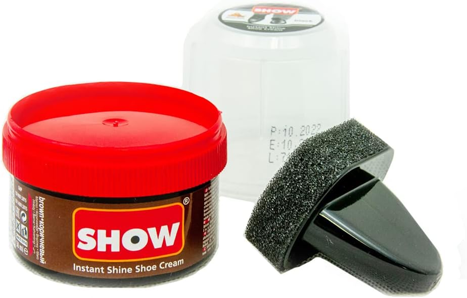 SHOW Brown Instant Shine Shoe Polish Cream with Sponge for Shoes Boots Bags - Unisex 50ml 1 Unit Polish Cream - Leather Nourishment and Conditioner - Shoe Care Products