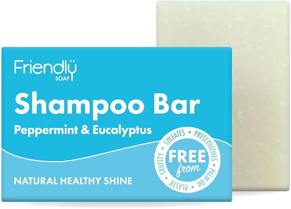 Friendly Soap - Peppermint & Eucalyptus Shampoo Bar (95g), Nourishing, Natural Healthy Shine, Moisturising, Plant-Based, Cruelty-Free, Made By Hand, No SLS or Parabens, Sustainable, Vegan