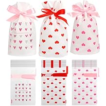 DIYASY Valentine's Day Small Drawstring Candy Gift Bags,36 Pcs Pink Red Heart Plastic Treat Bags for Wedding and Valentine Party Favors