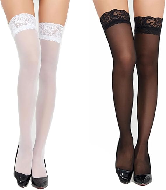 Sheer Sexy,2 Pairs Women Anti-skid Lace Silk Thigh High Stockings,Over Knee High Socks Women Extra Long Thigh High Socks, Stockings for Daily Wear Cosplay (Black and white)
