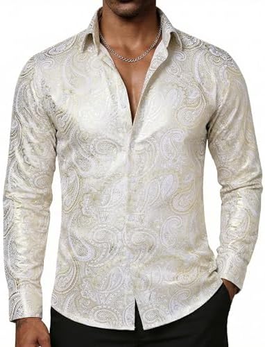 DiBanGu Mens Paisley Dress Shirt Luxury Printed Long Sleeve Button Down Shirts Regular Fit Shiny Shirts for Wedding Prom