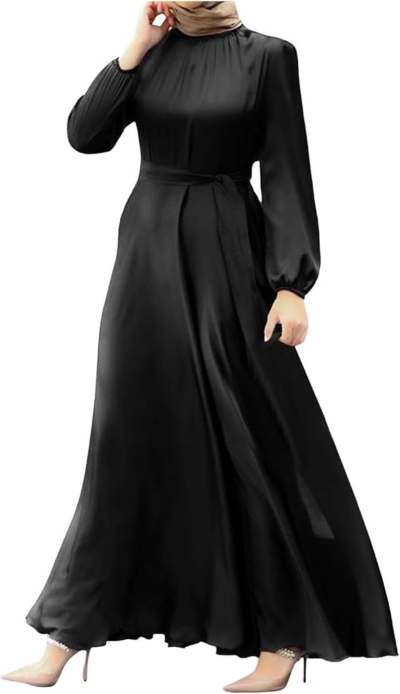 Muslim Dresses for Women Long Sleeve One-Piece Islamic Prayer Dress O Neck Slim Fit Islamic Evening Gown