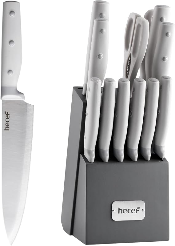 hecef Kitchen Knife Block Set, 14 Piece Knife Set with Wooden Block & Sharpener Steel & Versatile Scissors, High Carbon Stainless Steel Cutlery Set, Mother's Day Gift, Housewarming, Birthday Grey