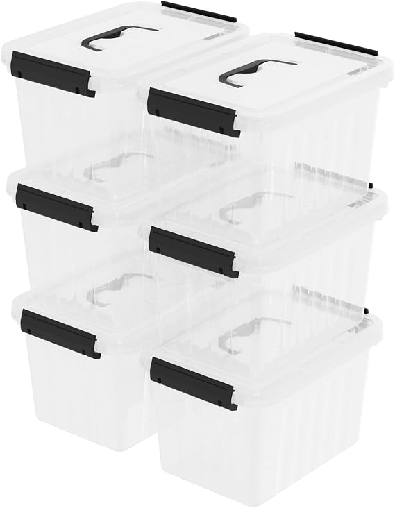 6 Packs 7 L Plastic Storage Boxes, Clear Lidded Handle Boxes, 27 x 20 x 16 cm