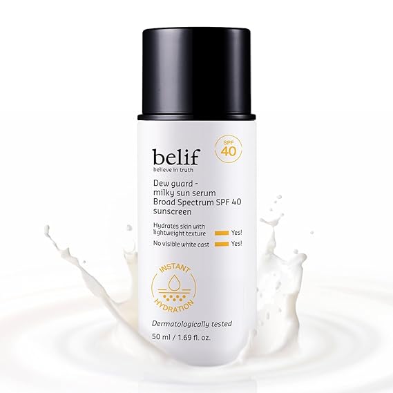 belif Milky Niacinamide Sunscreen SPF 40 Lightweight & Invisible Sun Serum for Face with 7 Types of Hyaluronic Acid | No White Cast, Non-Comedogenic, Hydrating, Makeup-Gripping Primer (1.69 fl.oz)