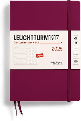 LEUCHTTURM1917 - Weekly Planner & Notebook Dotted 2025, Hardcover, Medium A5, Port Red Jan 1 - Dec 31, 2025