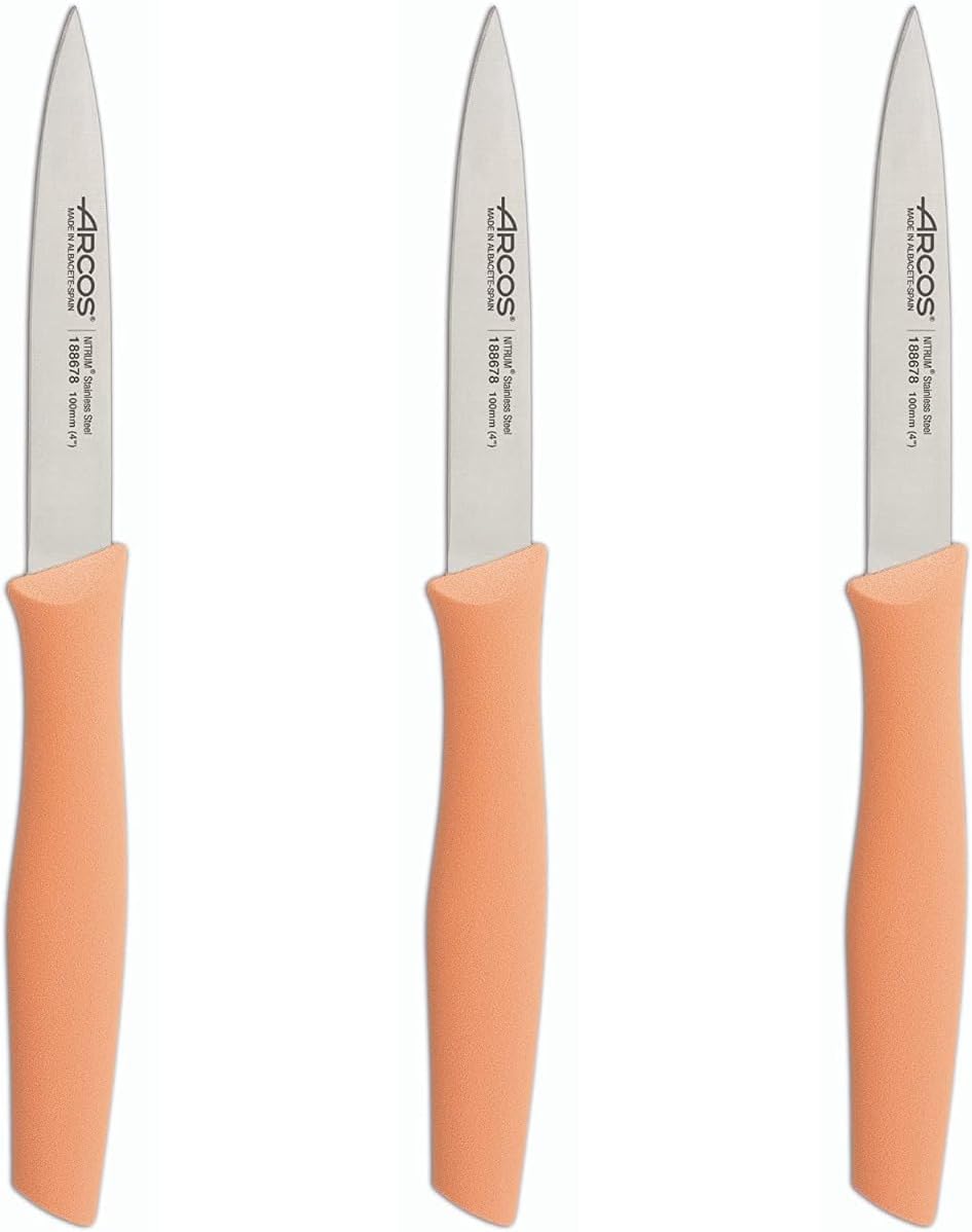 Arcos Paring Knife Set of 3 Pieces 4 Inch Stainless Steel. Colorful Kitchen Knives for Peeling Fruits and Vegetables. Ergonomic Polypropylene Handle. Series Nova. Mint Color