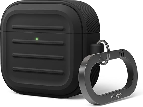 elago Armor Case Compatible with AirPods 4 Case - Compatible with AirPods 4th Generation Case, Carabiner Included, Supports Wireless Charging, Shock Resistant, Full Protection (Black)