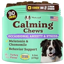 Natural Dog Company Calming Chews for Dogs, Stress & Anxiety Relief Supplement 90 cnt with Chamomile, Valerian Root & Melatonin, Natural Soothing Chews for Travel, Thunder, Fireworks & Separation