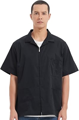 TopTie Unisex Zip Front Smock Short-Sleeve Zippered Work Shirt Utility Jacket