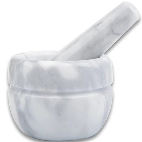 Mortar and Pestle Set Polished Natural Marble Stone Guacamole Molcajete Bowl with Silicone Pad, Stainless Spoon and Small Brush (Small, Light White Gray)