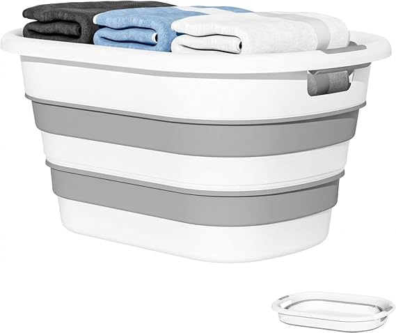 25 Litre Katlanabilir Silikon Çamaşır Sepeti Akordiyon Katlanır Sele Yer Kaplamayan Taşınabilir Ergonomik Kulplu Dayanıklı ve Hafif Depolama Sepeti Banyo ve Ev Kullanımı Kirli Sepeti (GRİ, 25 LİTRE)