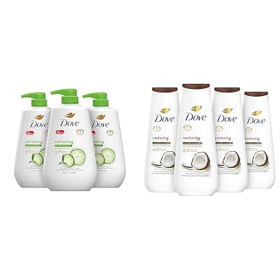 Dove Body Wash Refreshing Cucumber Green Tea 30.6oz Pack of 3 & Restoring Coconut Cocoa Butter 20oz 4 Count