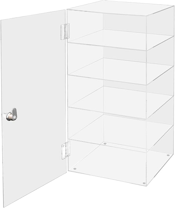 Clear Acrylic Display Case with Lock Key, 5 Tiers Countertop Display Cases Showcase Cabinet for Figures Rocks Collectibles, Safe Storage Box for Retail Store (9.45 x 9.45 x 19.69 Inch)